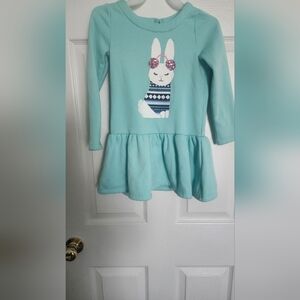 Gymboree 6 Girl's Tiered  Teal Bunny Decorated LongSleeve Cotton Blend Dress